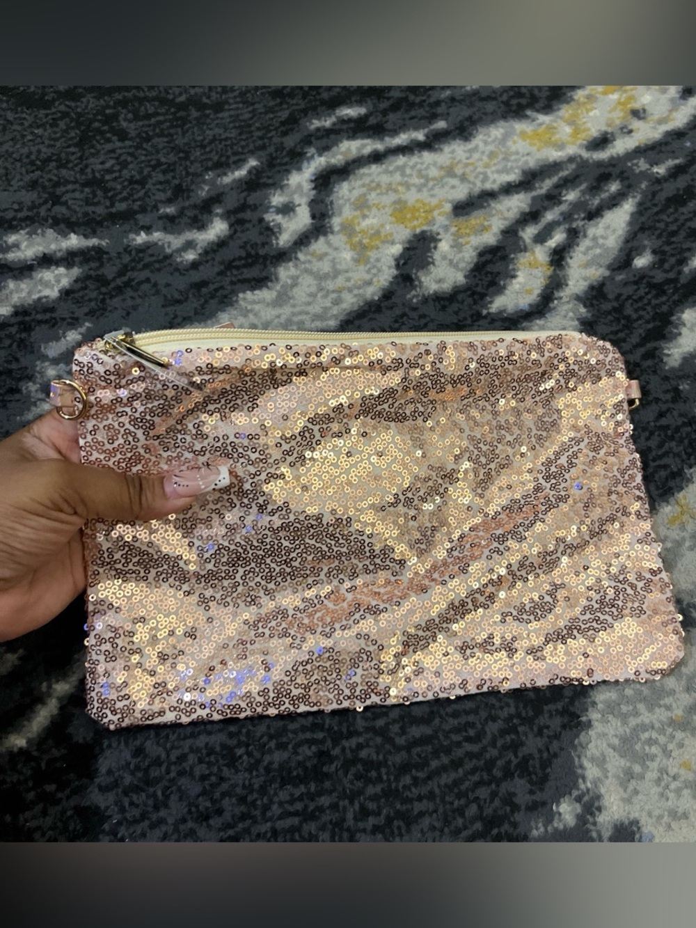 Glitter Sequin Wristlet Clutch in Rose Gold